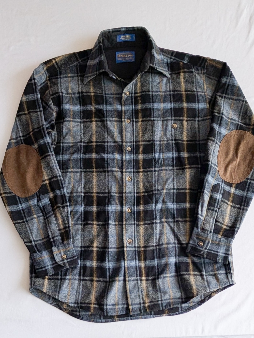 Pendleton Trail Shirt Mens Sz S Plaid Wool Elbow Patch Flannel Washable
